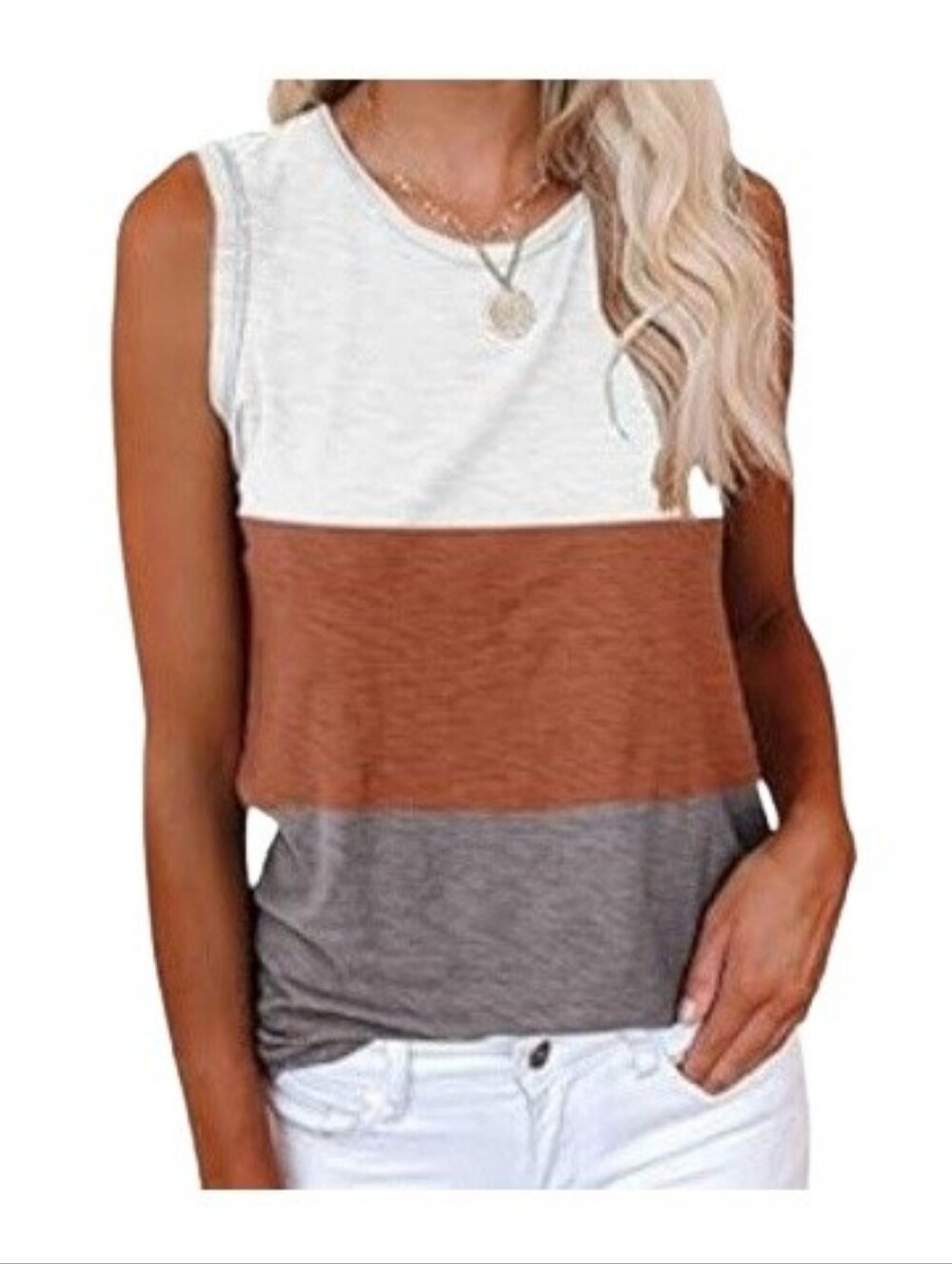 Multicolor Tank Top Color-Block Cream Orange Gray Casual Crewneck Naturals